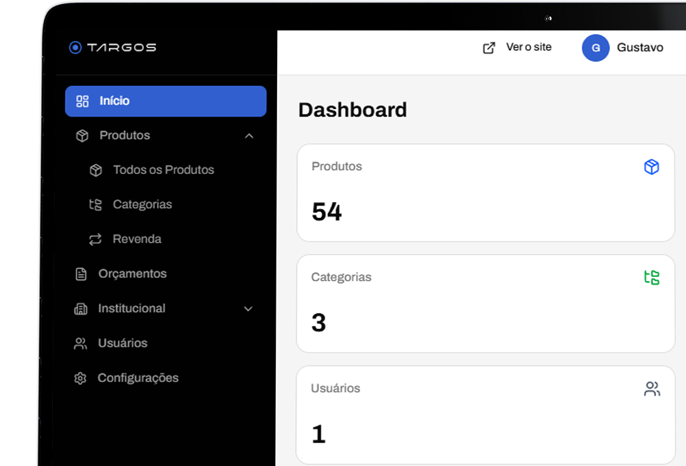 Painel administrativo intuitivo para gerenciar conteúdos do site sem conhecimento técnico - Targos